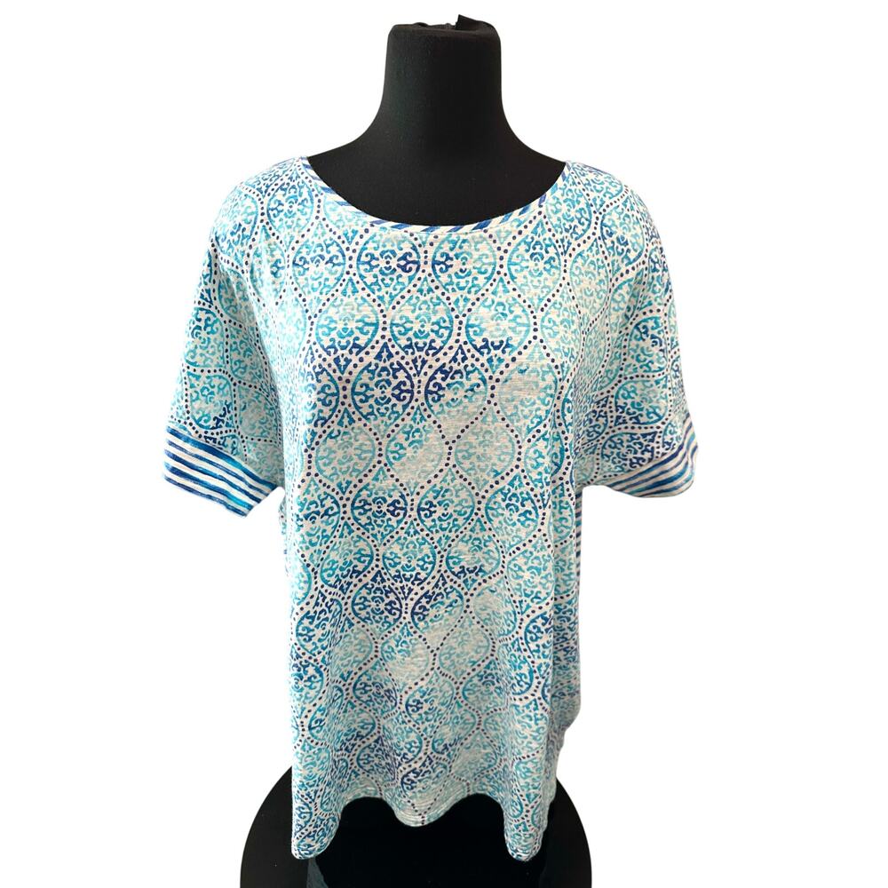 CHICO’S | Blue Teal Medallion Stripe Print Dolman Sleeve Tshirt Top | Size 3 XL - Picture 2 of 7